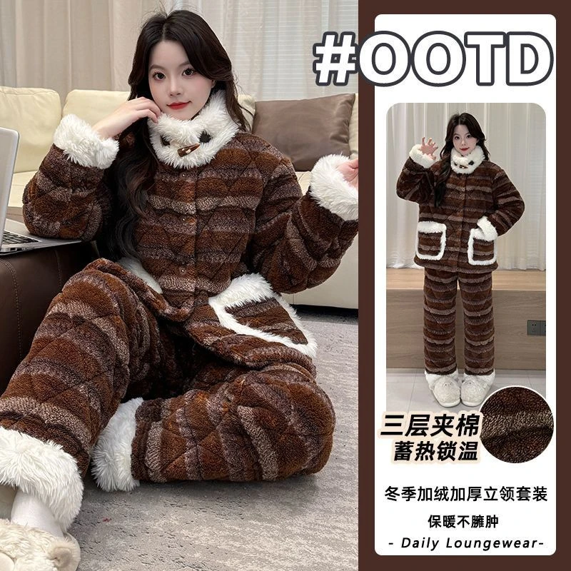 珊瑚绒家居服套装三层夹棉2025年冬季睡衣女条纹长毛绒加绒加厚