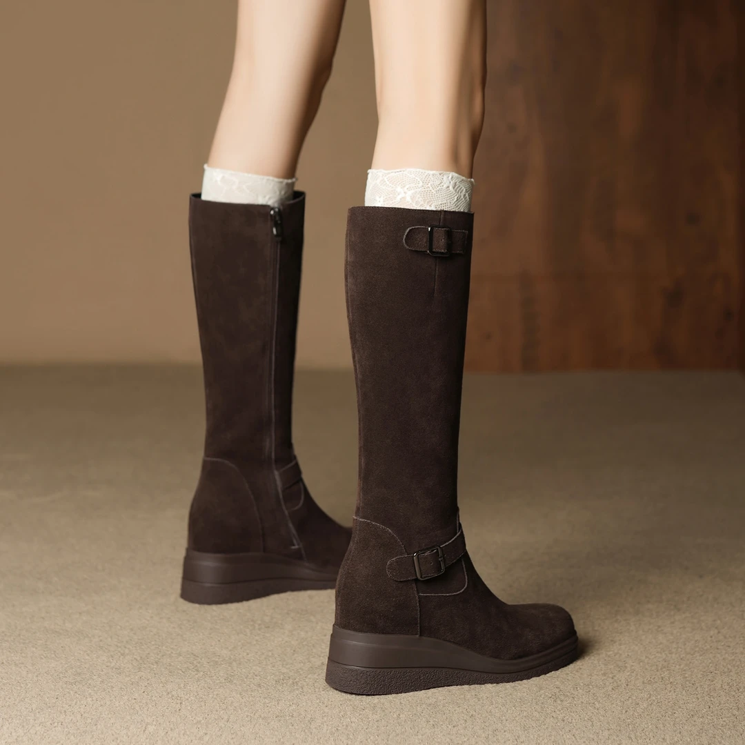 7.5cm小个子厚底坡跟时装靴不累脚内增高高筒靴真皮不过膝加绒靴