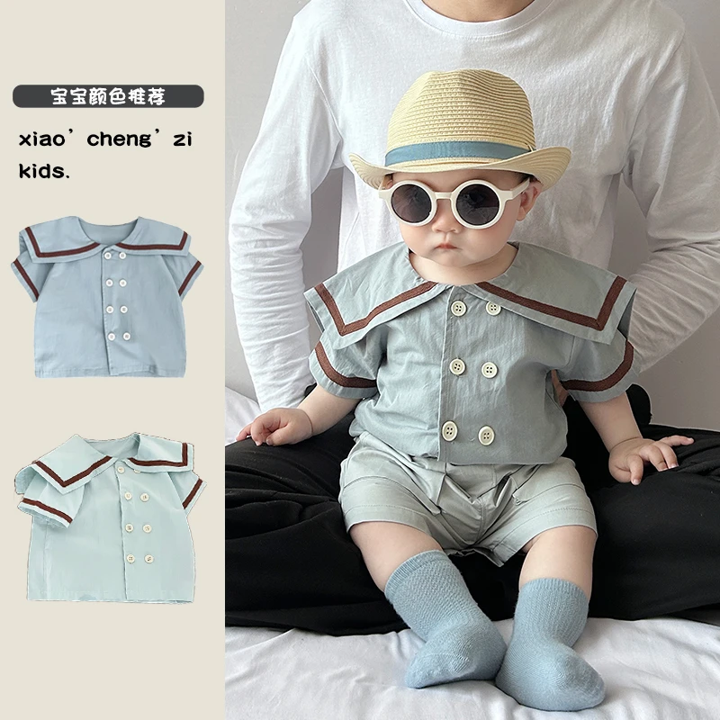 T25X118男女童学院风上衣宝宝翻领夏季海军领短袖婴儿洋气卡通T恤