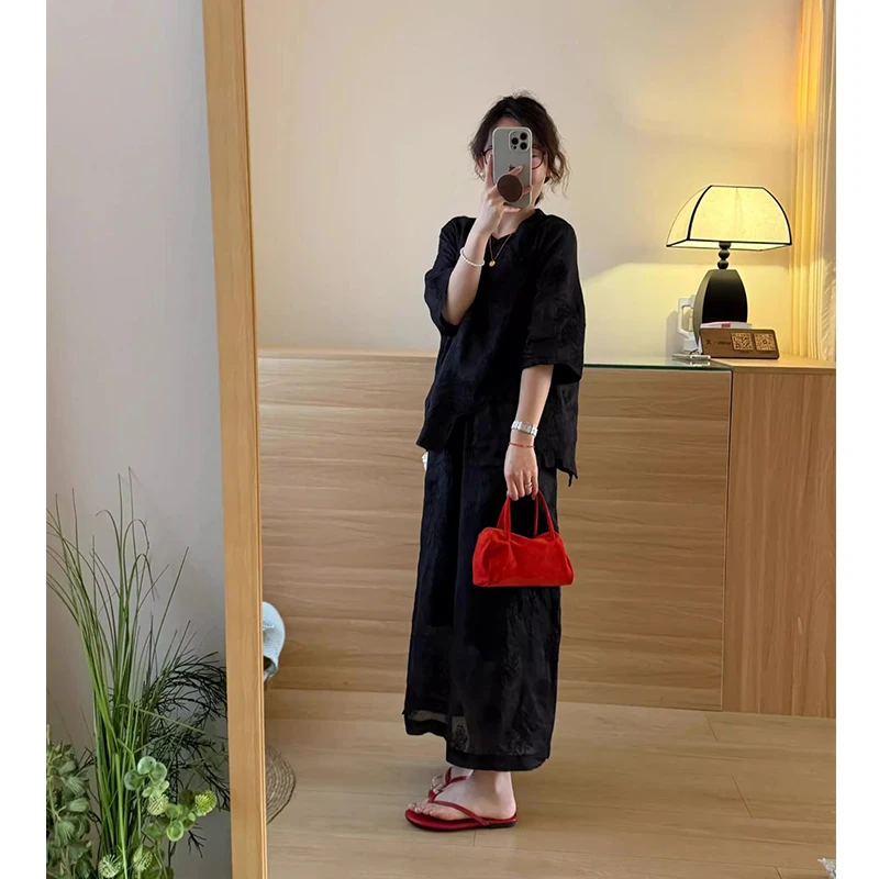 新中式棉麻衬衫套装女夏季国风大方得体巨好看盘扣衬衣长裙两件套