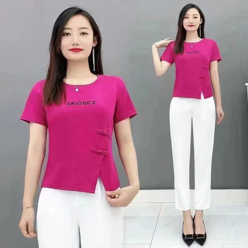 2025夏季圆领T恤短袖上衣新中式盘扣休闲百搭减龄中年妈妈小衫