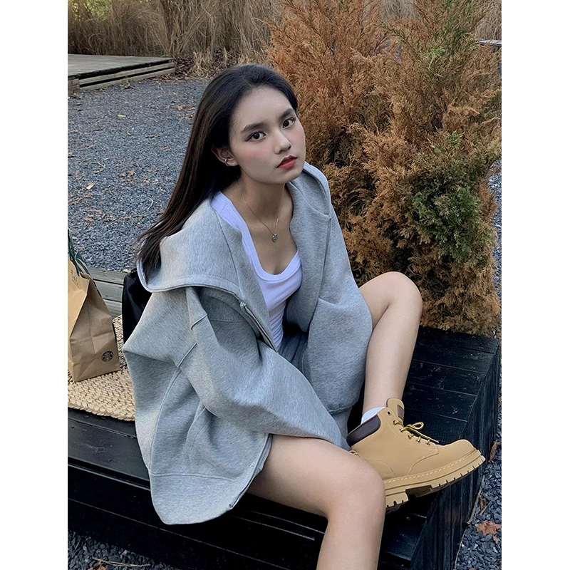 FOPJ美式休闲慵懒风秋冬新款卫衣女宽松连帽开衫时尚设计感外套潮