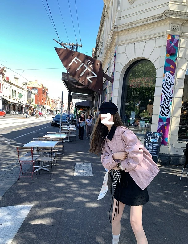 玫瑰茶渍 巴恩风两色拼接领外套女宽松廓形口袋显瘦上衣8025#