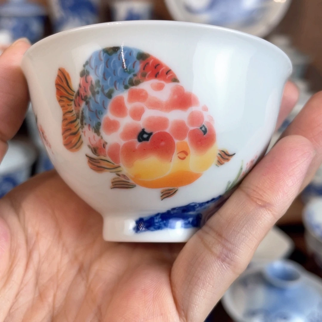 泥藝瓷梦太湖石兰寿金鱼迷你小鸡心杯