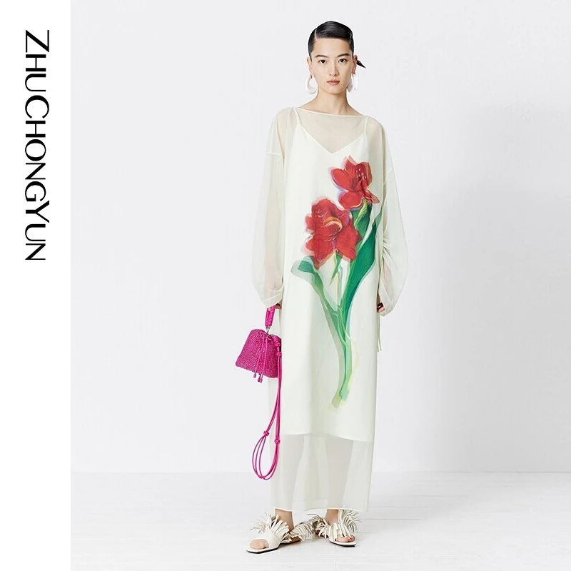 ZHUCHONGYUN2023夏新款设计感国风抽褶花影印花连衣裙C1DE22226