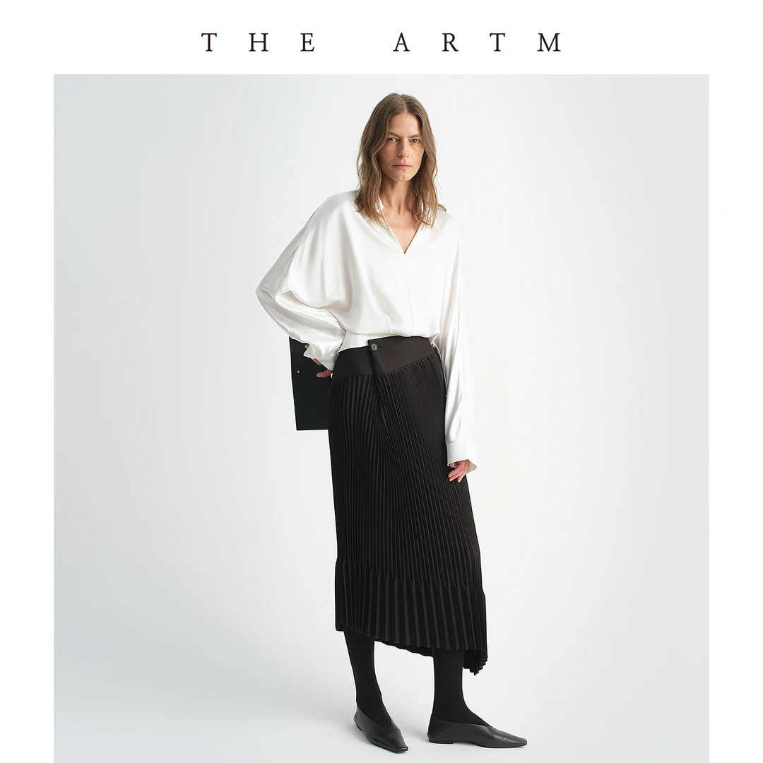 THE ARTM精纺羊毛风琴褶裥面料 不对称印花褶裥半裙不规则半身裙
