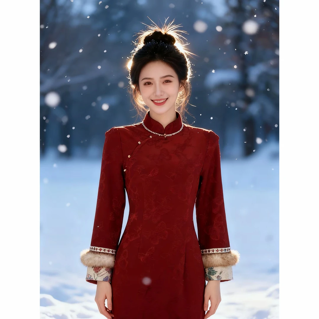 风华《红韵》冬季加绒红色改良旗袍复古中国风订婚敬酒红色115粉120