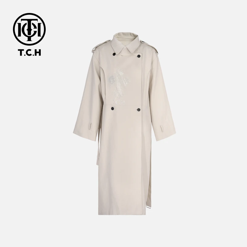 TCH私服烫钻工艺秋季时尚老钱风松弛感风衣女T75C15E1001轻奢tch