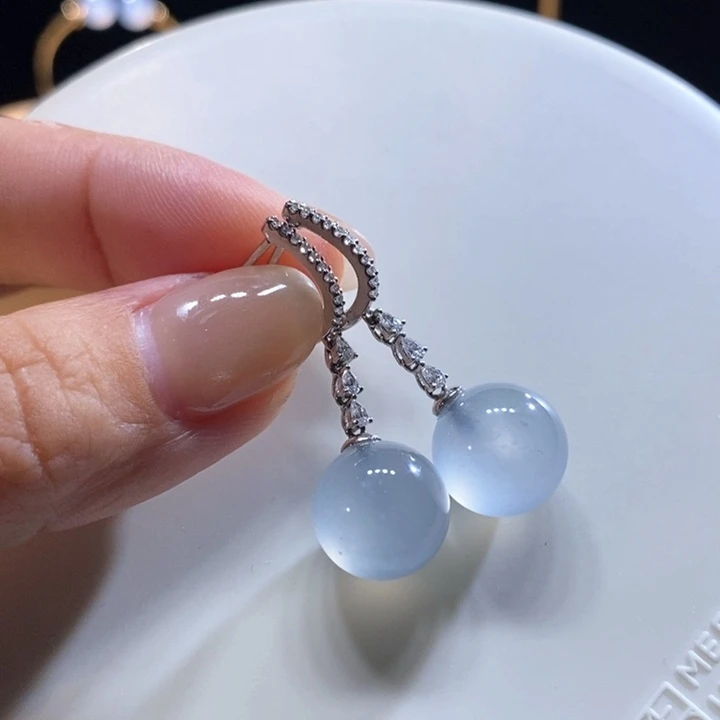 翡翠18K金镶嵌吊坠(不含链)翡翠高冰蓝珠耳环