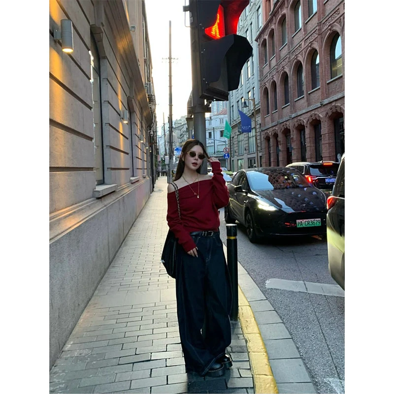 秋冬炸街洋气御姐范休闲百搭高级感长袖一字肩上衣高腰垂感直筒裤