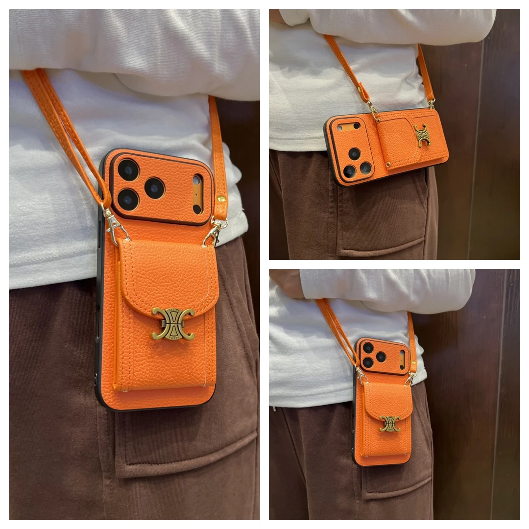 星宇橙适用苹果17promax手机壳斜跨可背16可支架15插卡包14带镜子