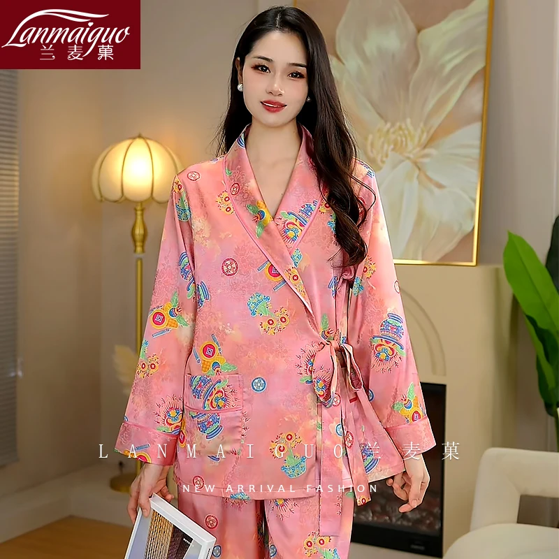 兰麦菓粉黛玉瓶香云软丝两件套睡衣女士2025春秋新款高级感家居服