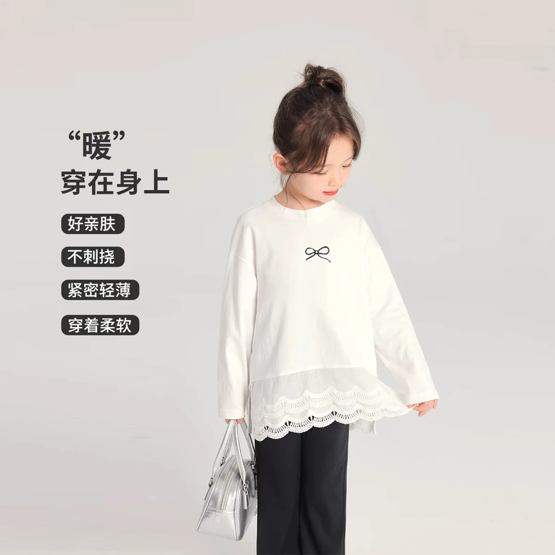 【秋冬百搭】正码正拍韩系女童秋冬季甜美蕾丝边洋气蝴蝶结印花长袖