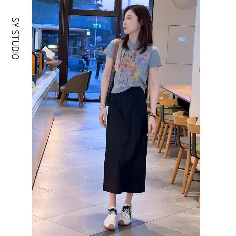 VOCKOO官方清纯系夏日穿搭套装休闲百搭印花短袖上衣中长款a字半