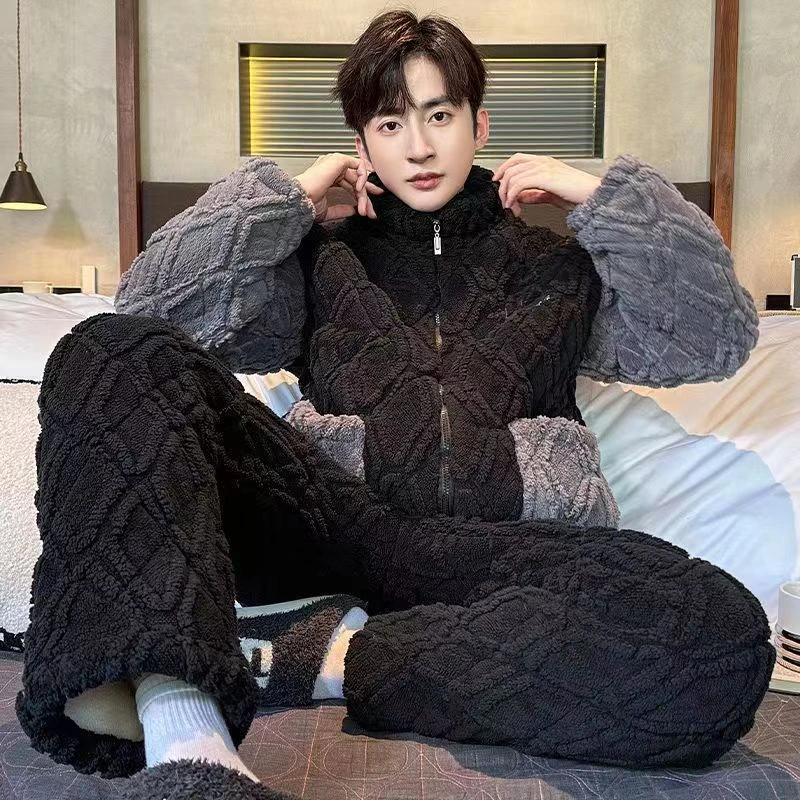 2025冬季三层加厚睡衣加绒男夹棉珊瑚绒套装家居服可外穿加厚翻领