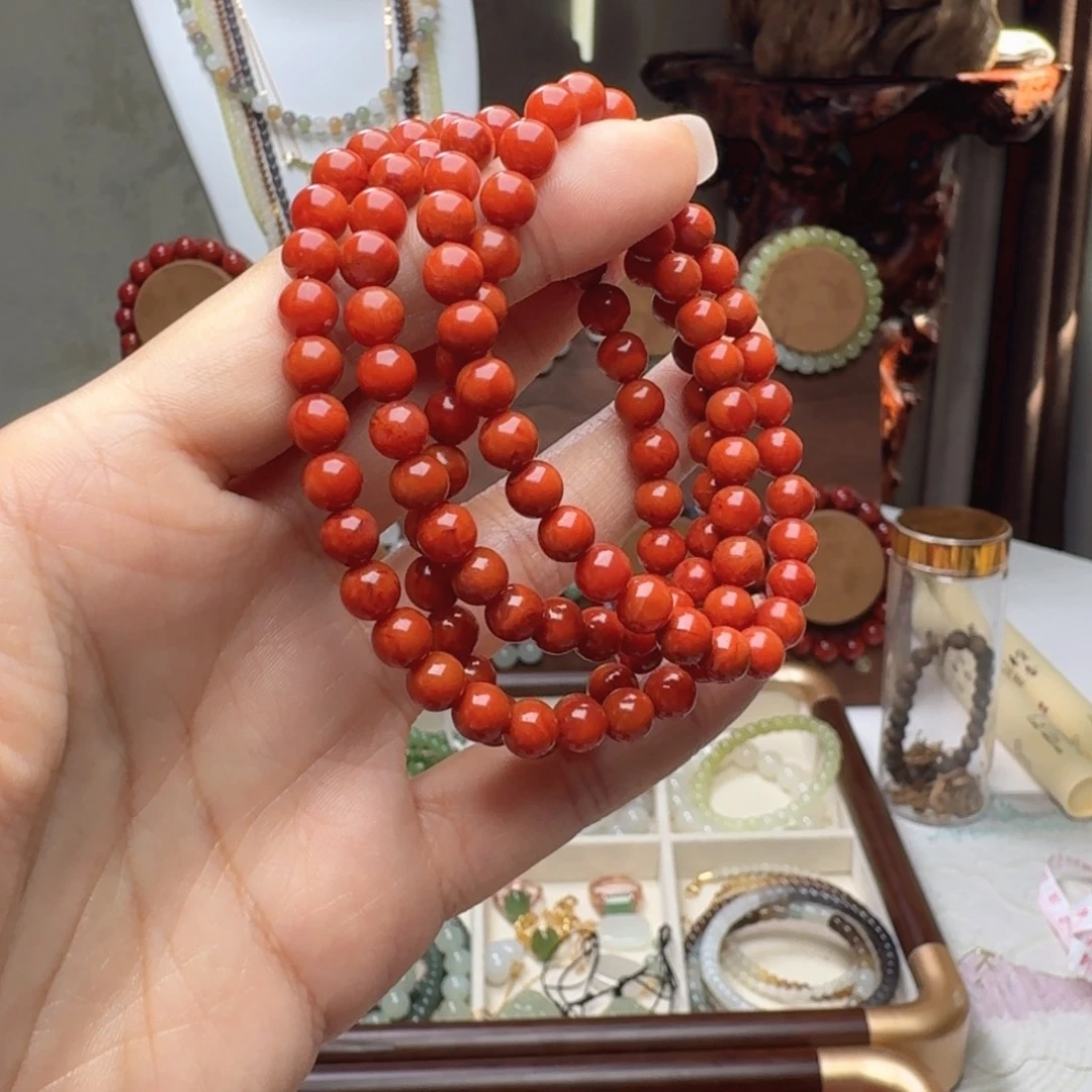 南红玛瑙未镶嵌手串南红满肉双色多圈6mm