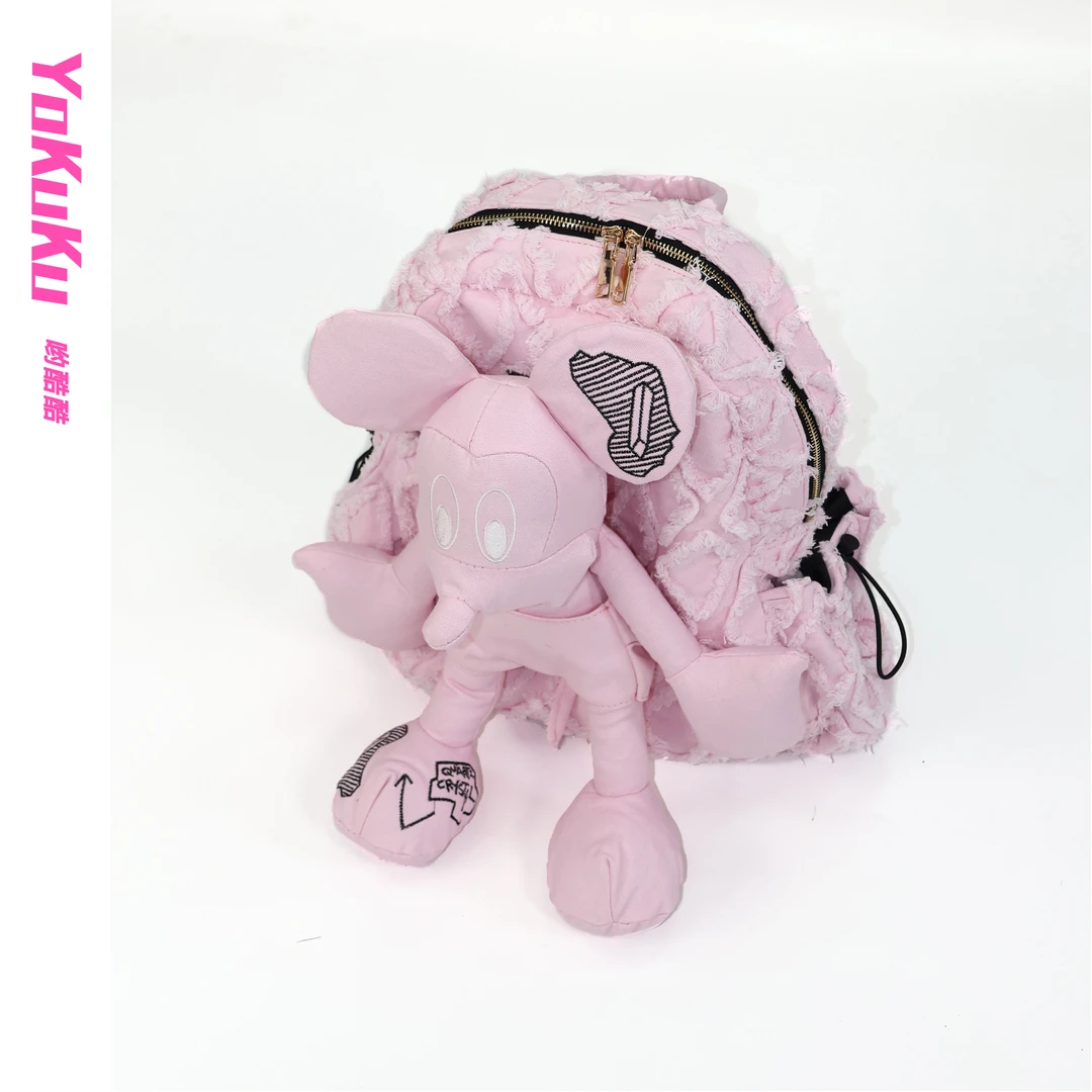 （米奇俱乐部）潮酷立体可拆卸玩偶公仔格毛边贴布超大容量双肩背包