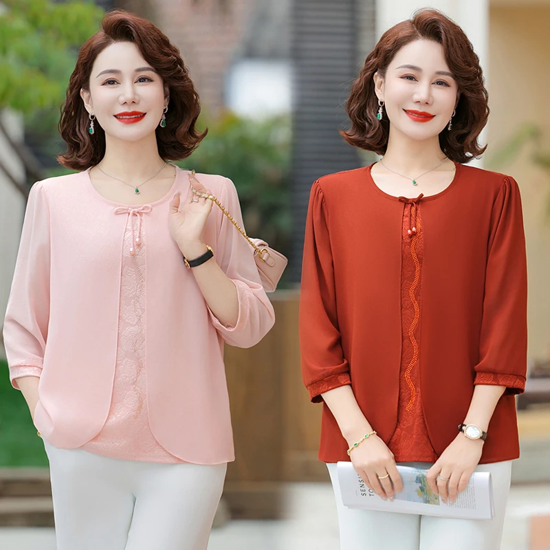春夏新款妈妈装假两件衬衫中老年女装7分袖圆领弹力烫钻中式上衣