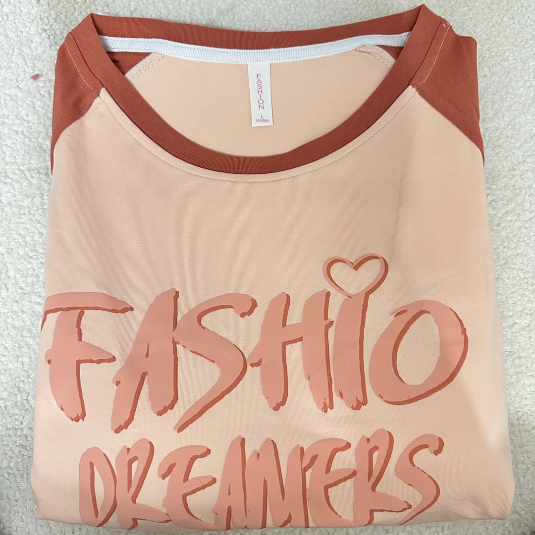 女士橘粉色插肩袖带胸垫长袖长裤套装