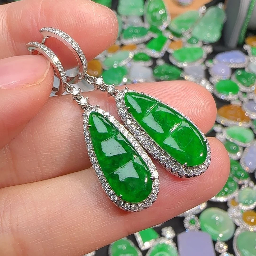 翡翠耳饰18K金镶嵌辣绿福豆耳包