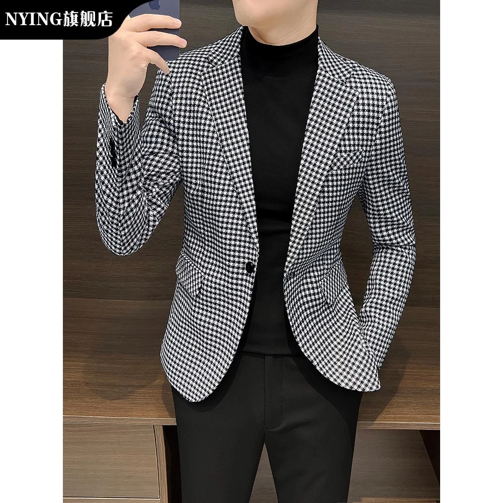 NYING千鸟格小西装外套男士新款2025爆款高级感痞帅秋款休闲西服