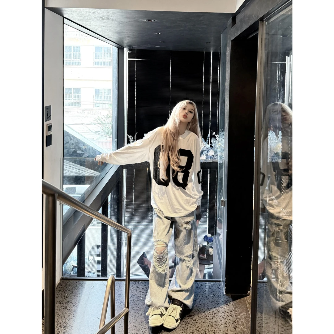 美式高街运动08印花长袖t恤女秋季新款oversize潮牌球服打底上衣