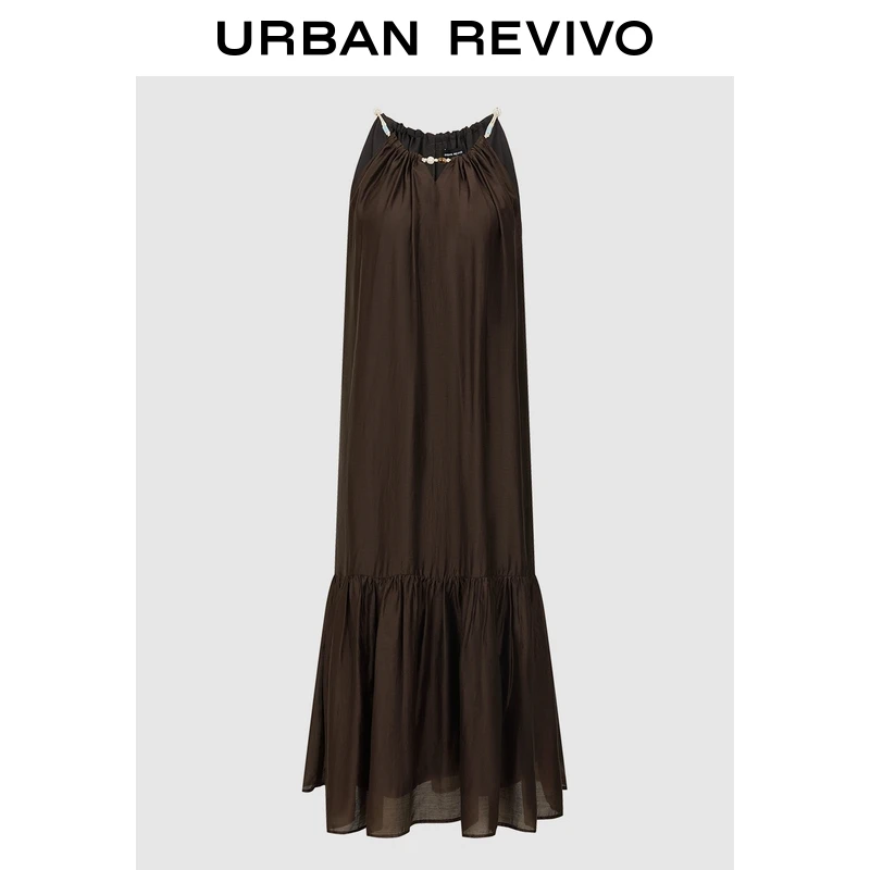 UR2025秋季新款女装休闲流光风串珠挂脖长裙连衣裙UWH750100