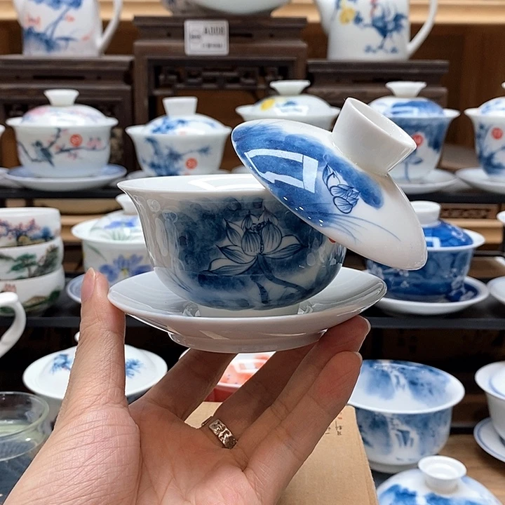 手绘亭亭悬停盖碗150cc釉下彩微瑕福利款