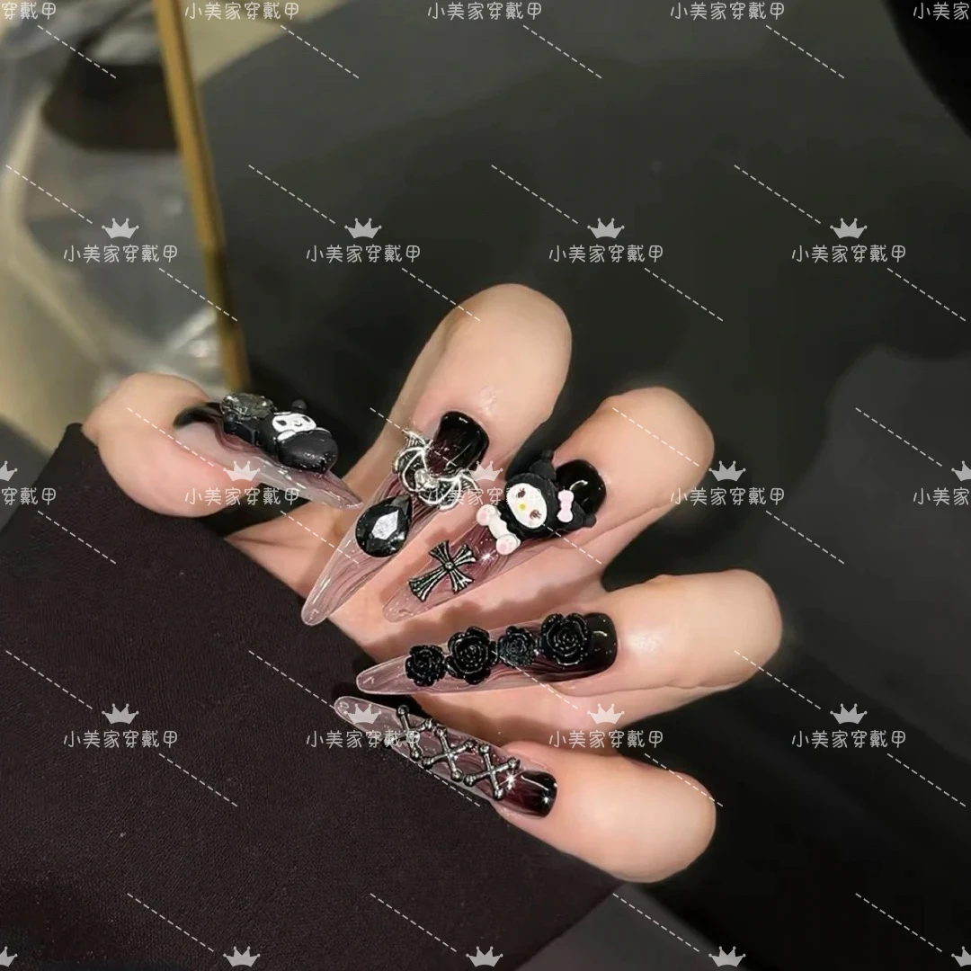 库洛米甜酷十字架黑红晕染超长尖可拆卸重工满钻高级美甲贴片