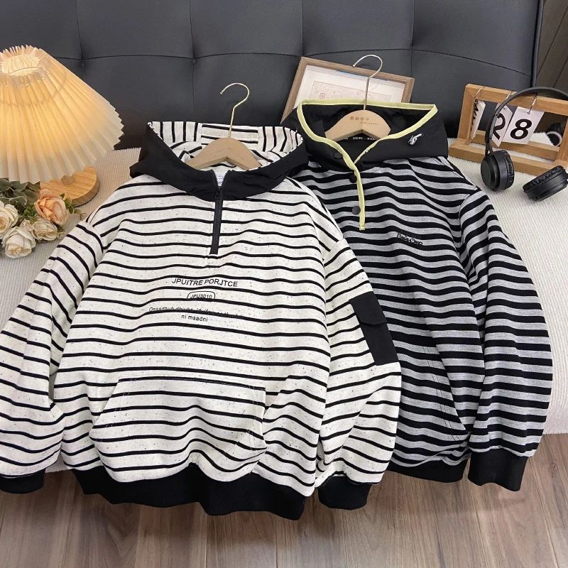 佑妈家童装 儿童秋季新款卫衣 中大童男女童甩帽条纹上衣