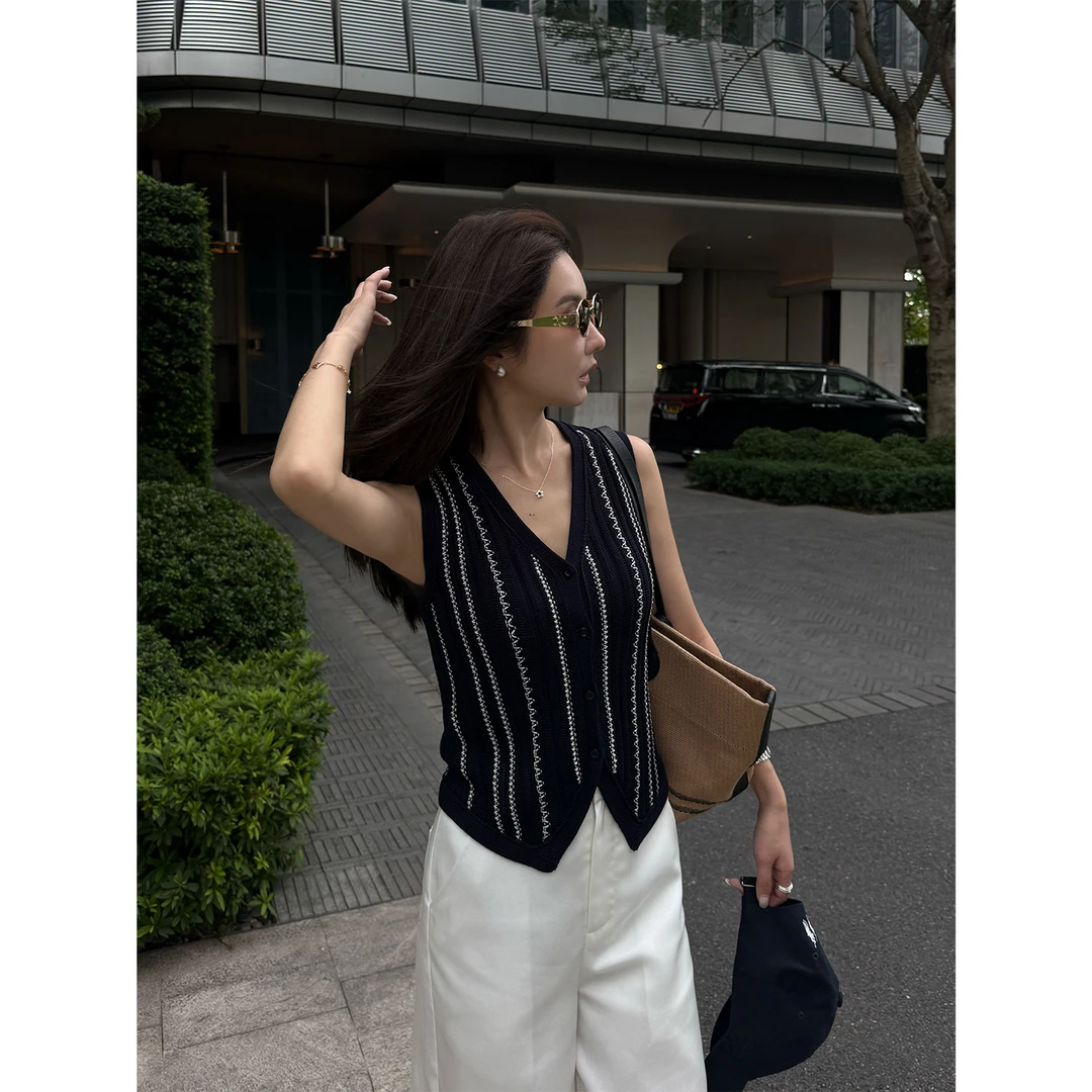 【夏夜星河】“100%莱塞尔天丝”镂空透气老钱拼色条纹无袖背心21534