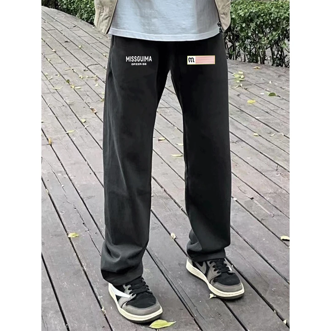 秋季休闲宽松深灰色百搭痞帅卫裤男嘻哈潮牌美式高街印花个性长裤