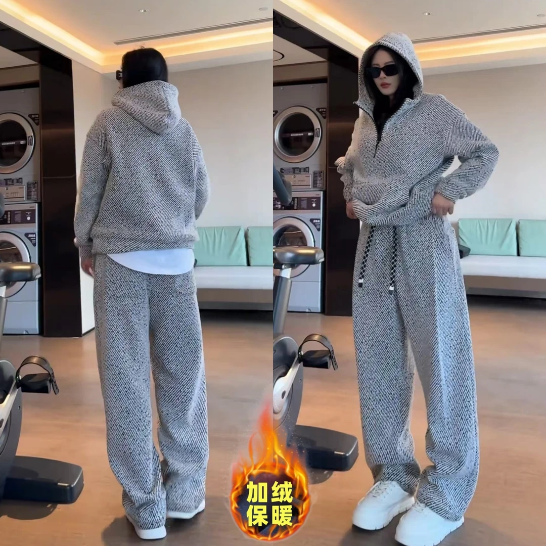 北木同款男女同款高克重连帽套头加绒加厚银丝斜休闲条纹卫衣套装