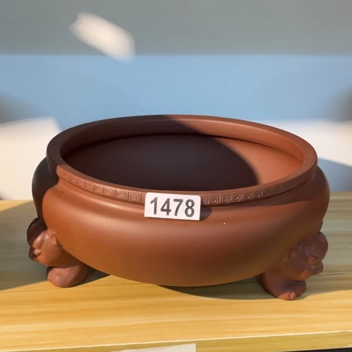 紫砂花盆 超精品枣红兽足浅圆1478