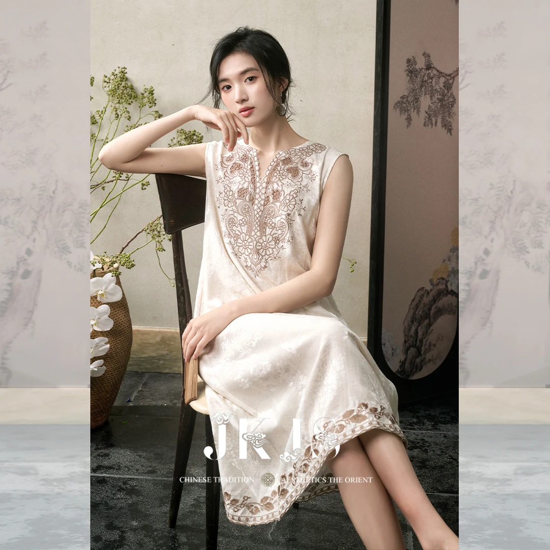 【JKJS】 定位刺绣连衣裙新中式夏装V领长款裙子