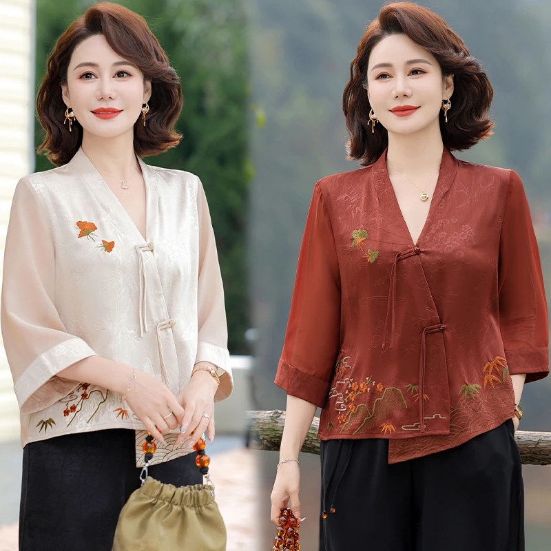 重工刺绣薄款妈妈装女士上衣洋气春夏小衫宽松中国风时尚夏季套装
