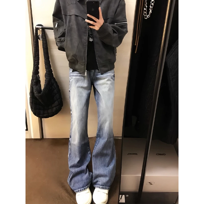 蓝色美式水洗猫须牛仔裤男款秋季高街微喇提档裤子垂感显瘦直筒裤