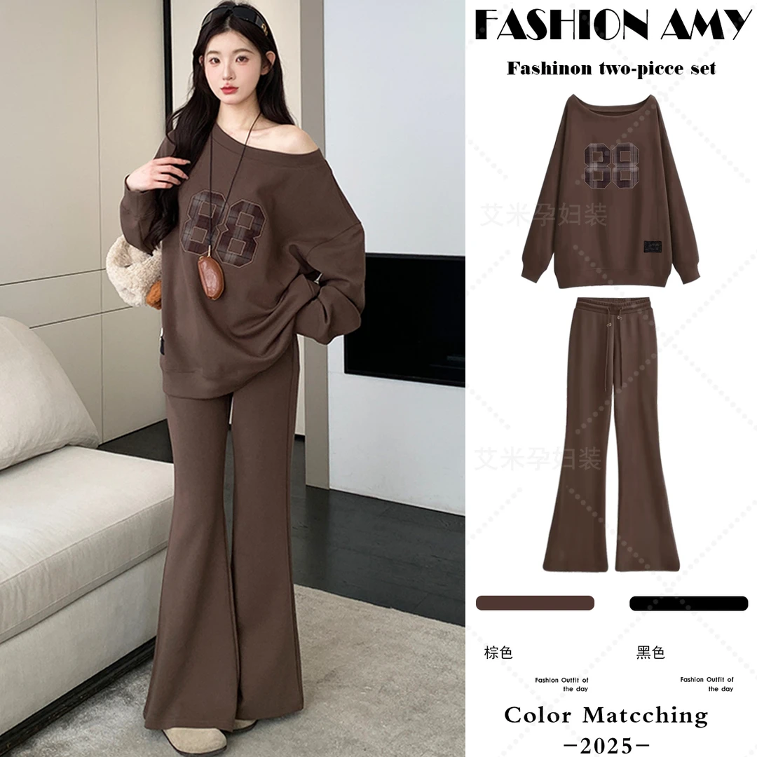 孕妇装秋装新款时尚韩版宽松慵懒风一字领长袖卫衣显瘦喇叭裤套装