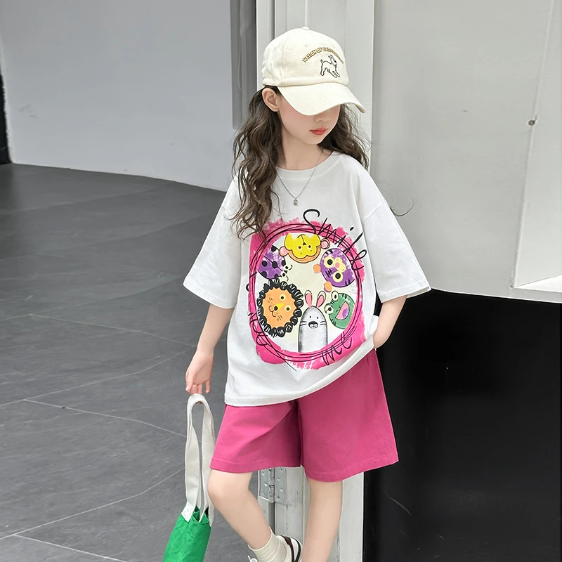 女童套装夏季2025新款12-15岁大童女装夏装洋气短袖t恤短裤两件套
