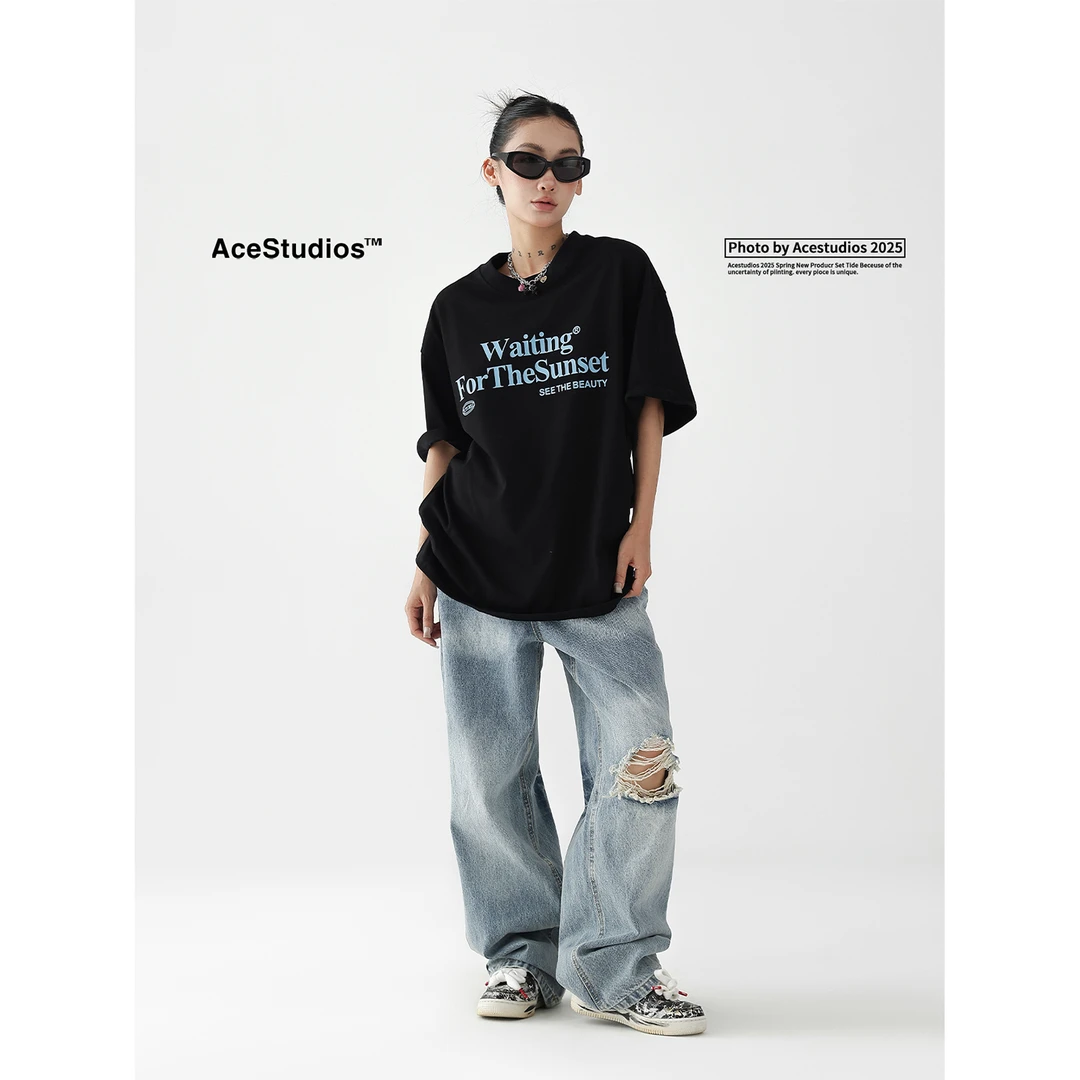 Acestudios 字母印花后背星星贴布绣tee圆领休闲宽松短袖T恤上衣