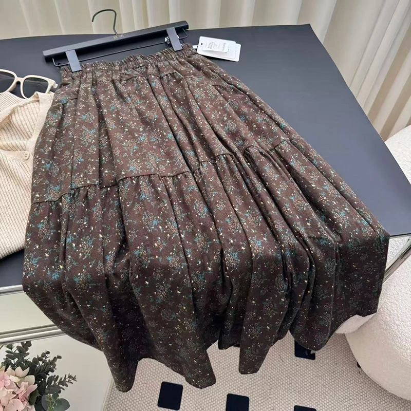 【夏央工厂店】8840-5咖啡#2025秋复古碎花半身裙女松紧腰拼接长裙