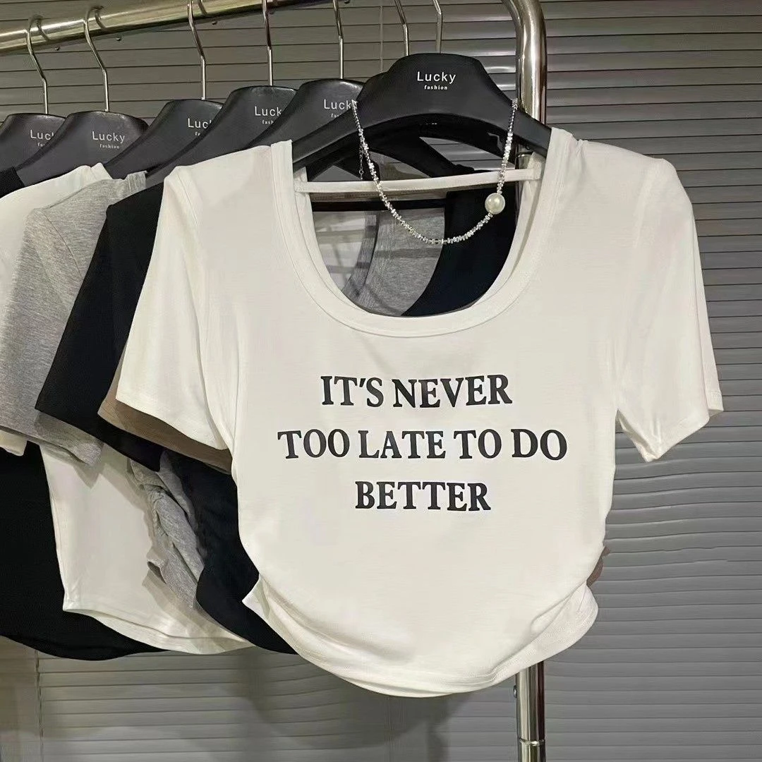 2025夏季新款美式方领字母印花露背短袖T恤女褶皱修身短款上