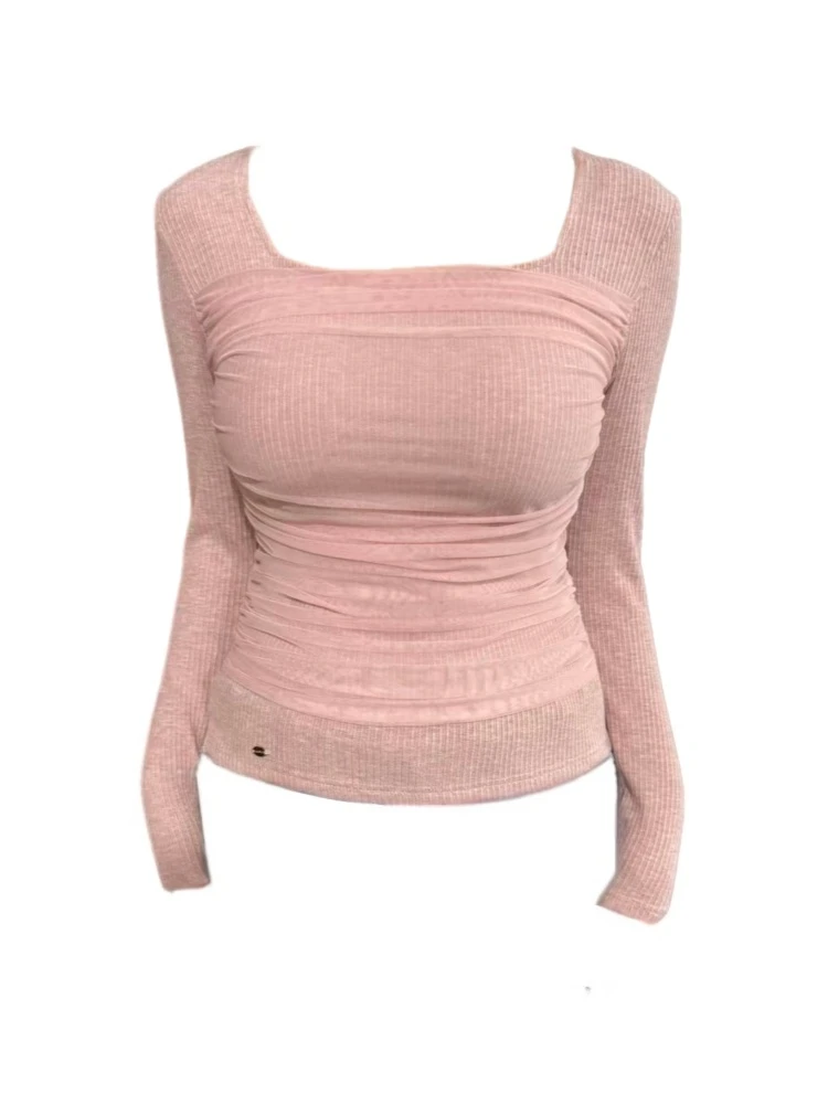 大码女装设计感网纱拼接方领针织衫女秋冬季修身显瘦辣妹T恤上衣