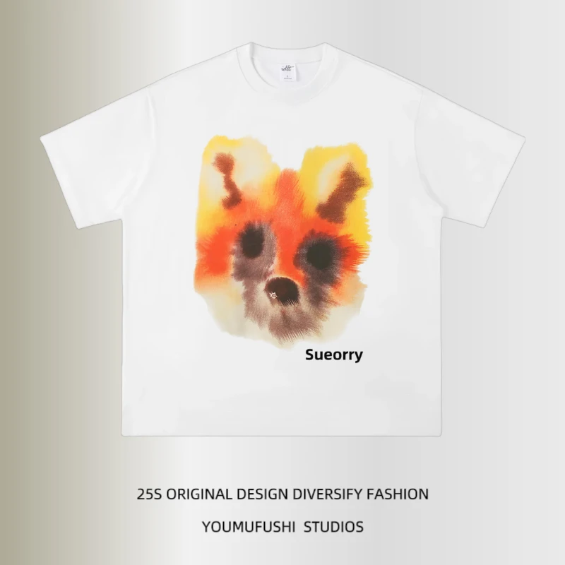 2024美式复古情侣涂鸦艺术感短袖夏季男女宽松休闲小众街头T恤