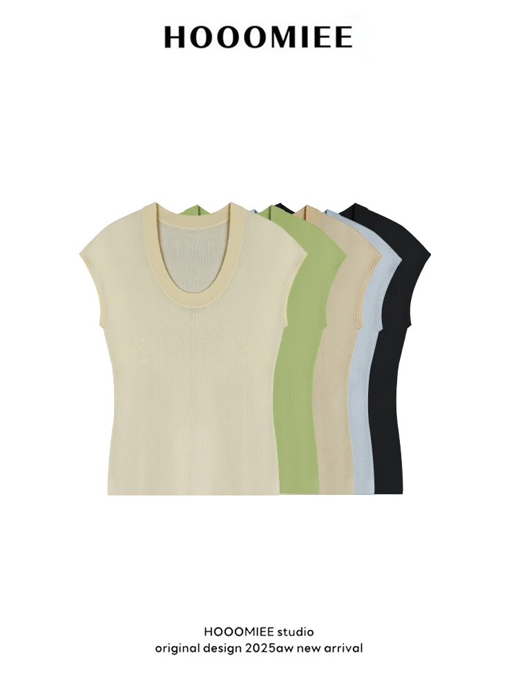 Hooomiee100莱赛尔U领短袖针织衫修身显瘦小飞袖女士上衣J25102