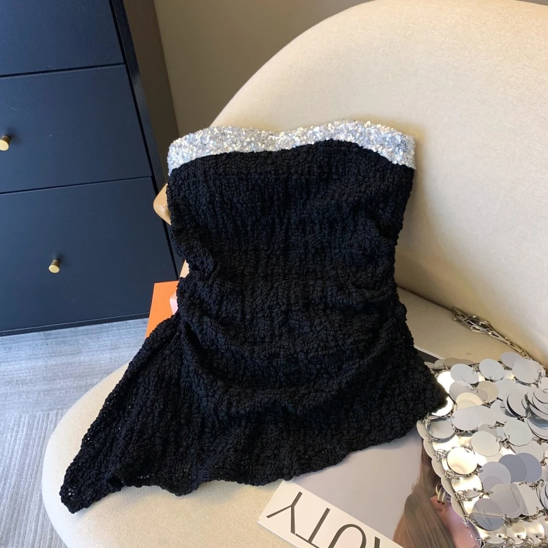 名媛风重工亮片抹胸背心女2025夏款设计感别致不规则带胸垫小上衣