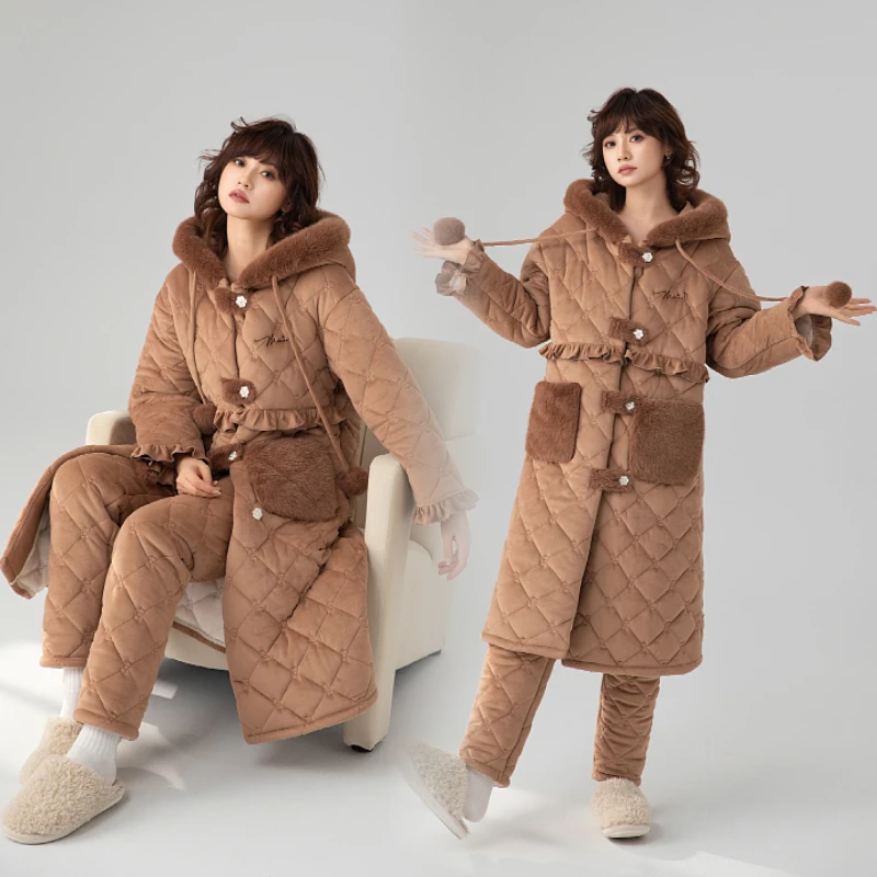 【原创焦糖拿铁】新款女士时尚睡袍中长款睡衣三层加绒加厚冬季保暖