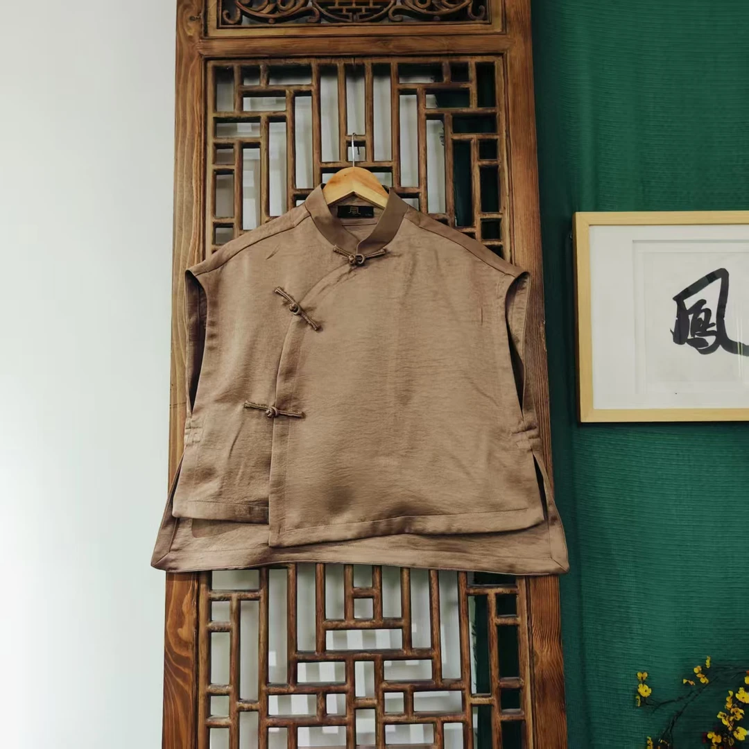 凤徕兮私人定制香槟金色光板斜襟盘扣无袖短上衣（LS597-7）