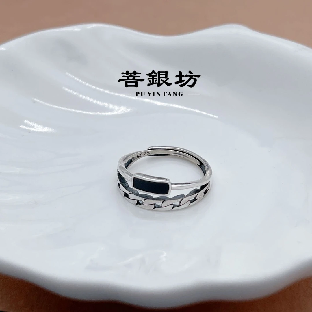 925银珐琅戒指 【菩银坊】 黑方糖戒指