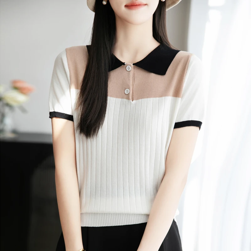 莱赛尔天丝韩系洋气复古polo领短袖衬衫夏季针织衫冰丝t恤上衣